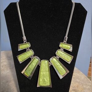 Statement Necklace Green Acrylic Silver-toned Herringbone Snake Chain